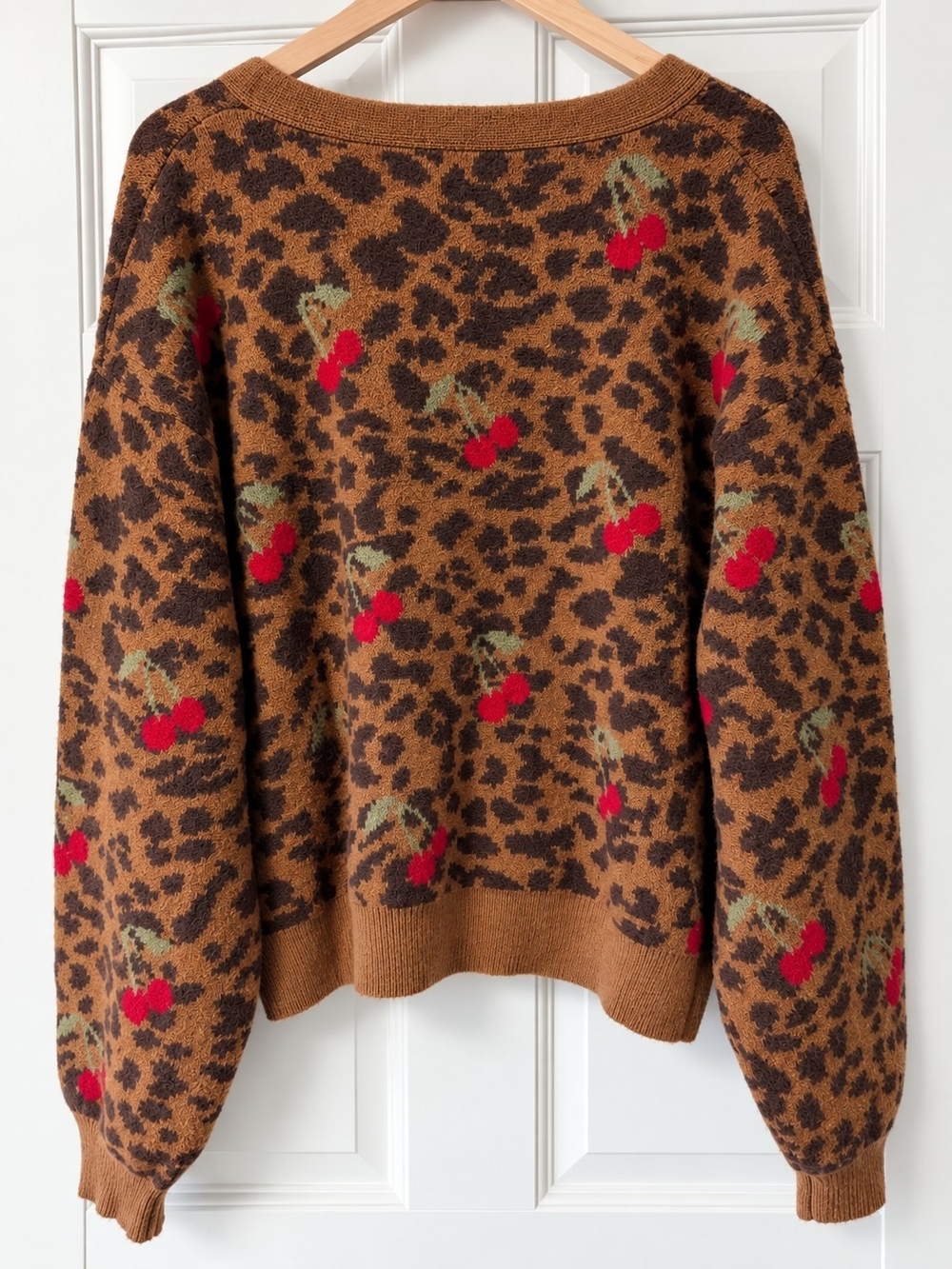 NWT Cider Brown Leopard V-Neck Cardigan with Red Cherry Novelty Print - Picture 4 of 7